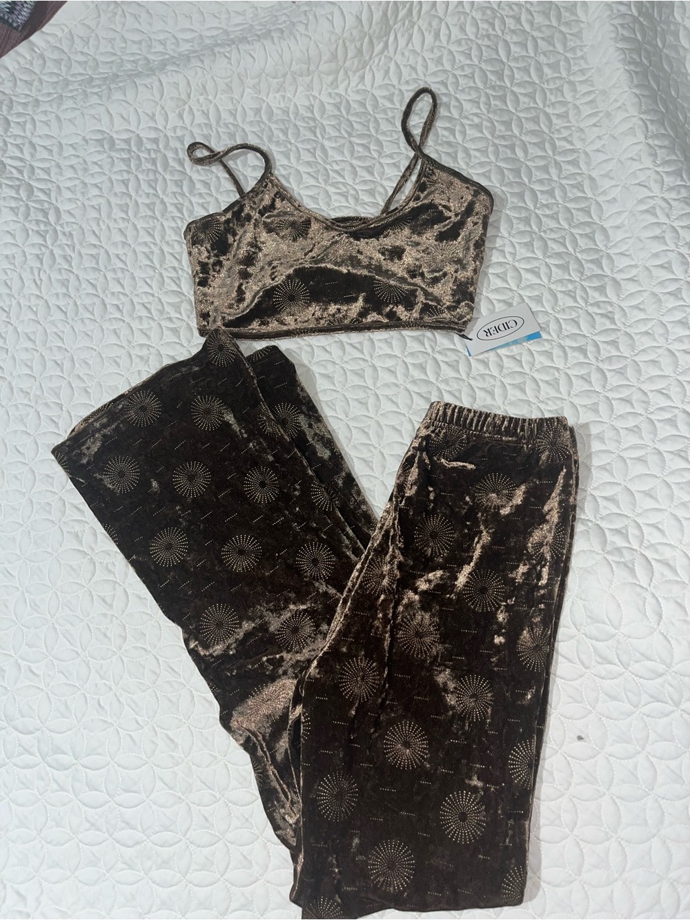 Cider Brown Velvet Sunburst Bralette & Lounge Pants Set